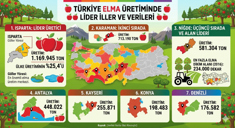 Türkiye'nin 81 ilinde elma yetiştiriciliği yapılabilmekle birlikte, toplam üretimin %84'ü yalnızca 10 ilde gerçekleştirilmektedir.