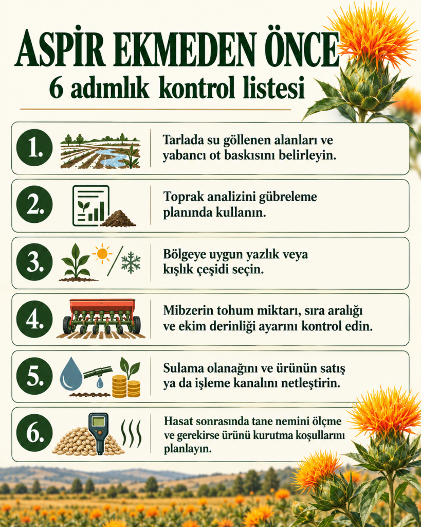 Aspir ekimi öncesinde tarla, toprak analizi, çeşit, mibzer, sulama ve hasat sonrası nem planını gösteren kontrol listesi.