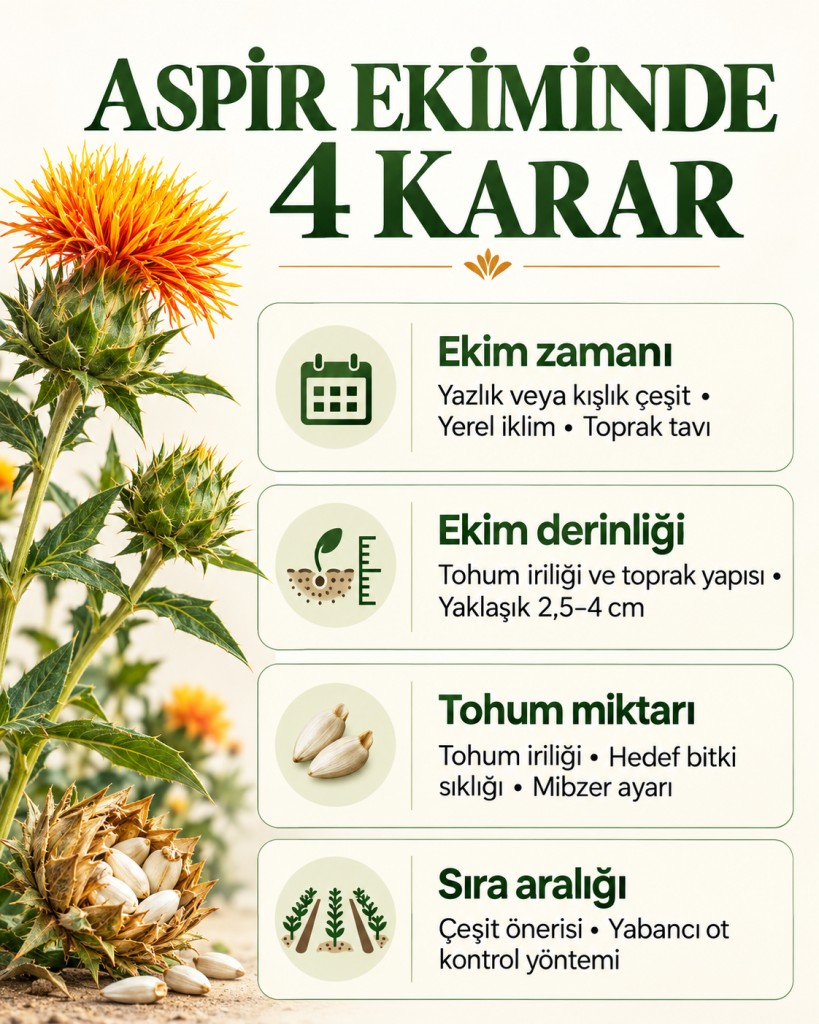Aspir ekiminde zaman, derinlik, tohum miktarı ve sıra aralığı seçimini gösteren infografik