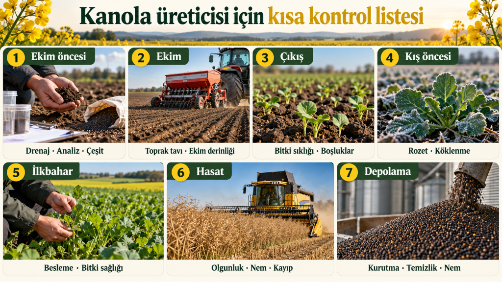 Kanola üretiminde ekim öncesi, ekim, çıkış, kış öncesi, ilkbahar, hasat ve depolama kontrollerini gösteren infografik.