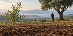 Ön planda zeytin fidanı ve işlenmiş toprak, arka planda yetişkin bir ağacın yanında araziyi izleyen üretici