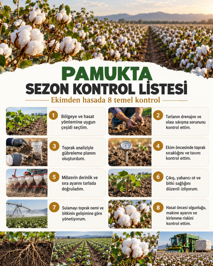 Pamuk yetiştiriciliğinde çeşit seçimi, toprak hazırlığı, ekim, sulama, tarla takibi ve hasat öncesi kontrolleri gösteren sekiz maddelik infografik.