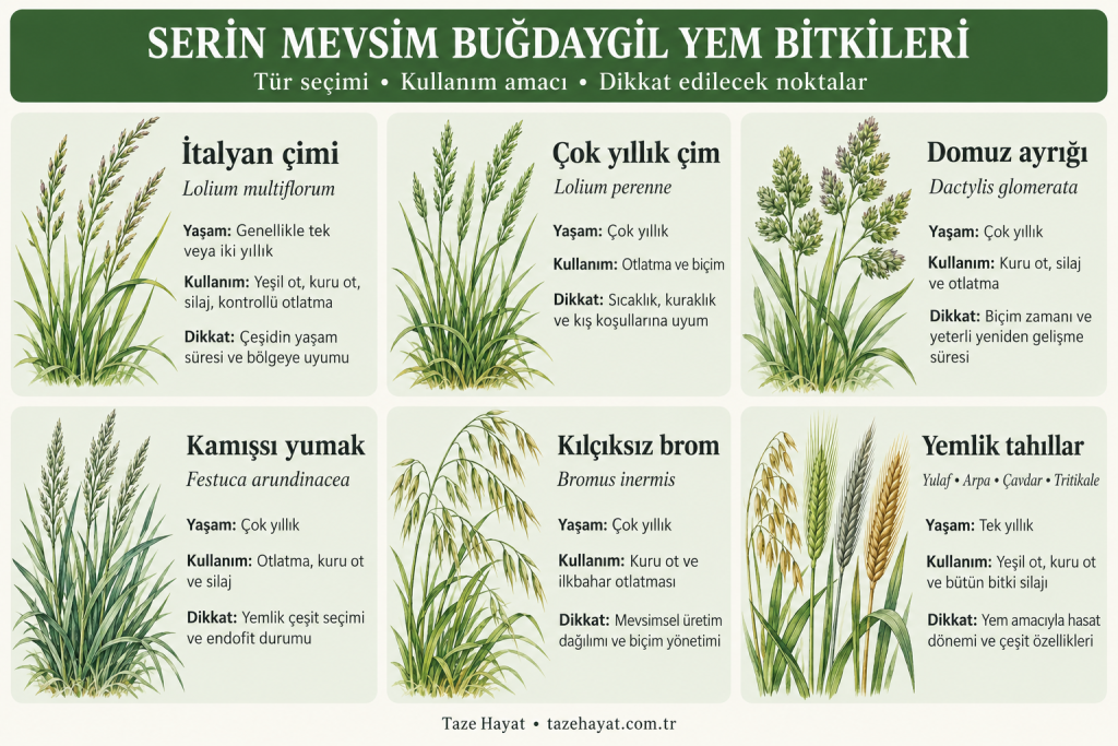 Serin mevsim buğdaygil yem bitkilerinin yaşam sürelerini, kullanım amaçlarını ve seçimde dikkat edilecek noktaları gösteren infografik.