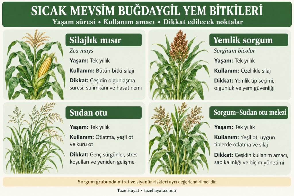 Silajlık mısır, yemlik sorgum, Sudan otu ve sorgum–Sudan otu melezinin yaşam sürelerini, kullanım amaçlarını ve seçimde dikkat edilecek noktaları gösteren infografik.
