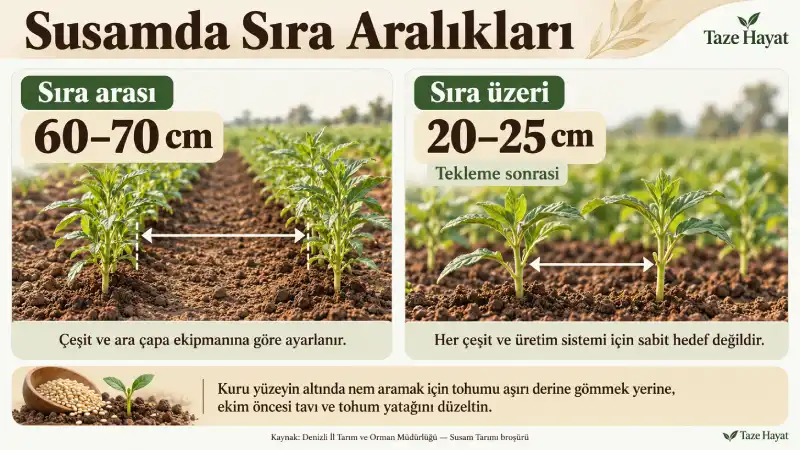 Susamda 60–70 cm sıra arası ve tekleme sonrası 20–25 cm sıra üzeri mesafelerini, kullanım koşulları ve tohum yatağı uyarısıyla gösteren infografik.