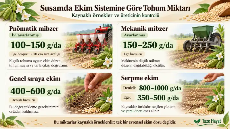 Susamda pnömatik, mekanik, sıraya ve serpme ekim için kaynaklarda verilen tohum miktarlarını ve üreticinin yapacağı kontrolleri gösteren yatay infografik