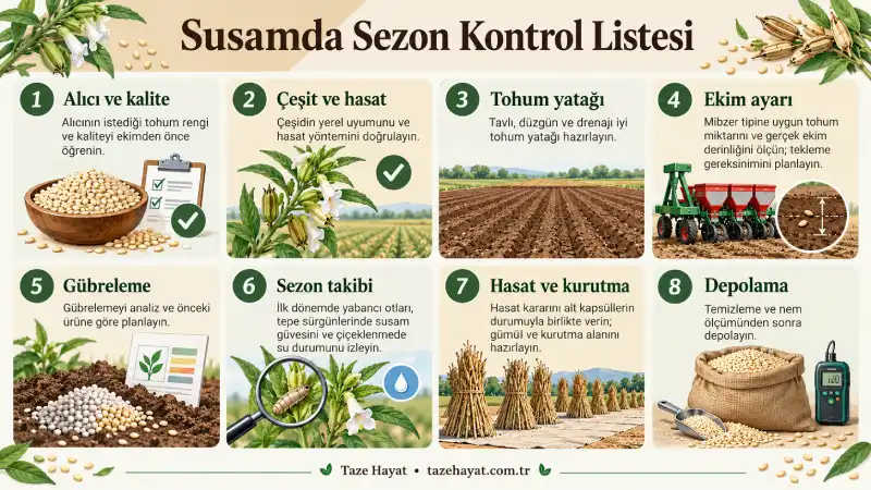 Susam yetiştiriciliğinde alıcı beklentisinden depolamaya kadar sekiz temel üretici kontrolünü gösteren yatay sezon kontrol listesi.