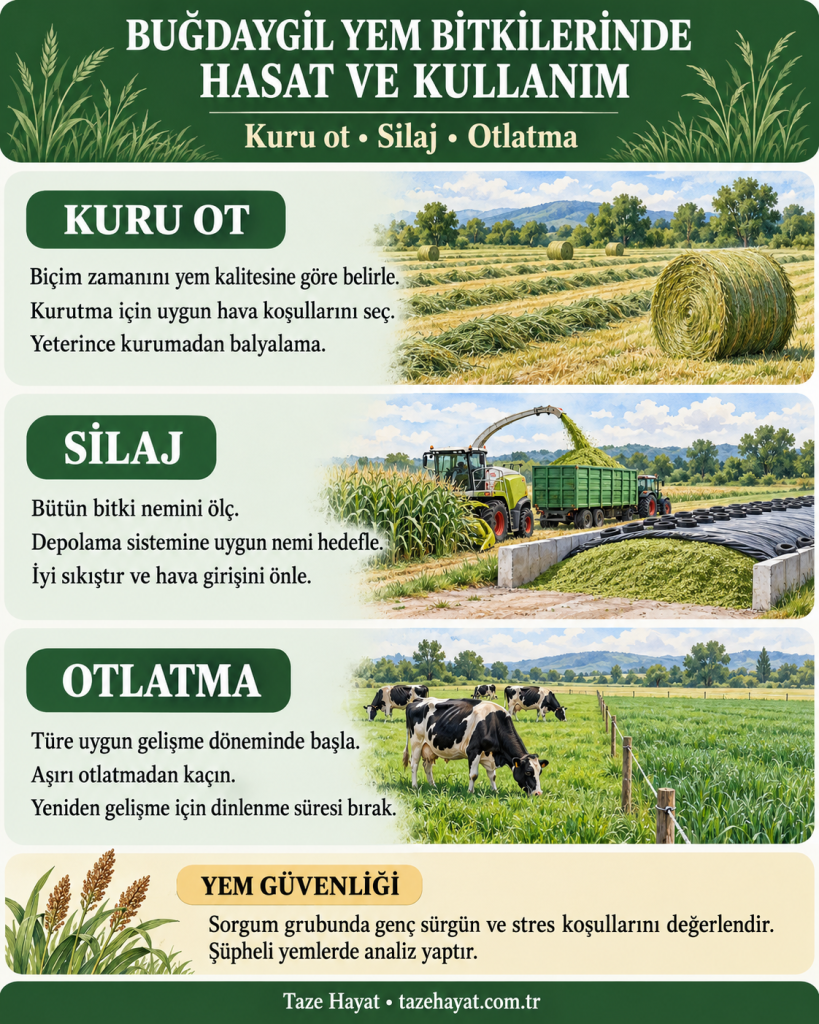 Buğdaygil yem bitkilerinde kuru ot, silaj ve otlatma için hasat ve yönetim kararları.