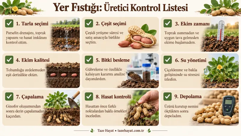 Yer fıstığı yetiştiriciliğinde tarla ve çeşit seçiminden ekim, besleme, sulama, hasat ve depolamaya kadar dokuz maddelik üretici kontrol listesi.