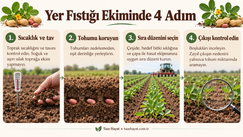 Yer fıstığı ekiminde toprak sıcaklığı ve tav kontrolü, tohum yerleştirme, sıra düzeni ve çıkış kontrolünü gösteren dört adımlı yatay infografik.