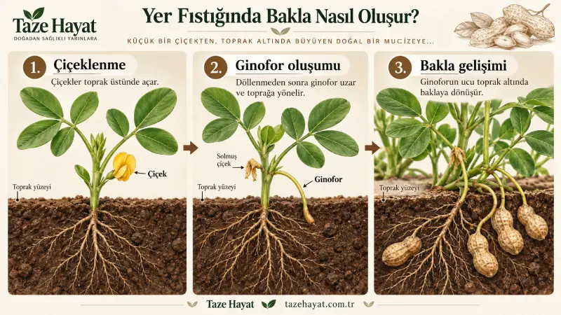 Yer fıstığında çiçeklenme, ginoforun toprağa yönelmesi ve toprak altında bakla gelişimi.